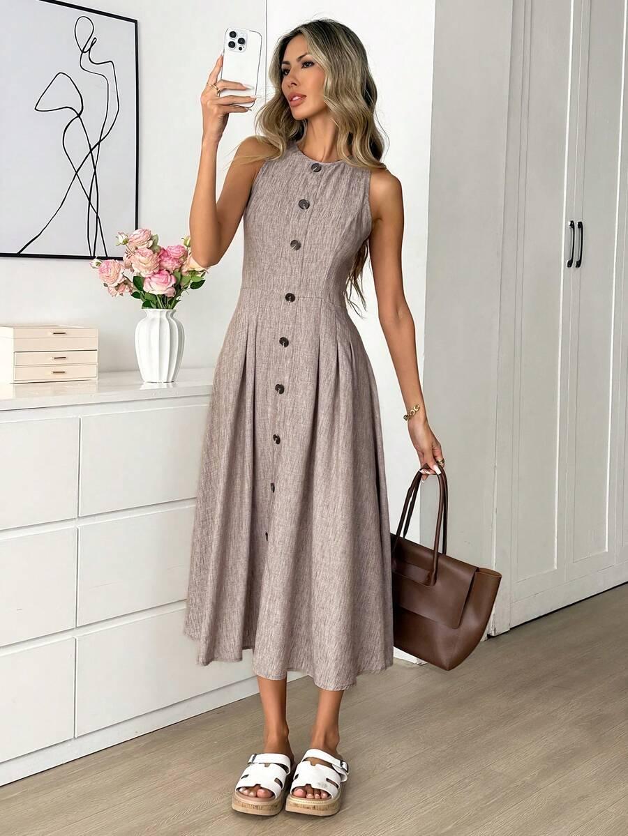 SHEIN BEŻOWA SUKIENKA GUZIKI S09__S