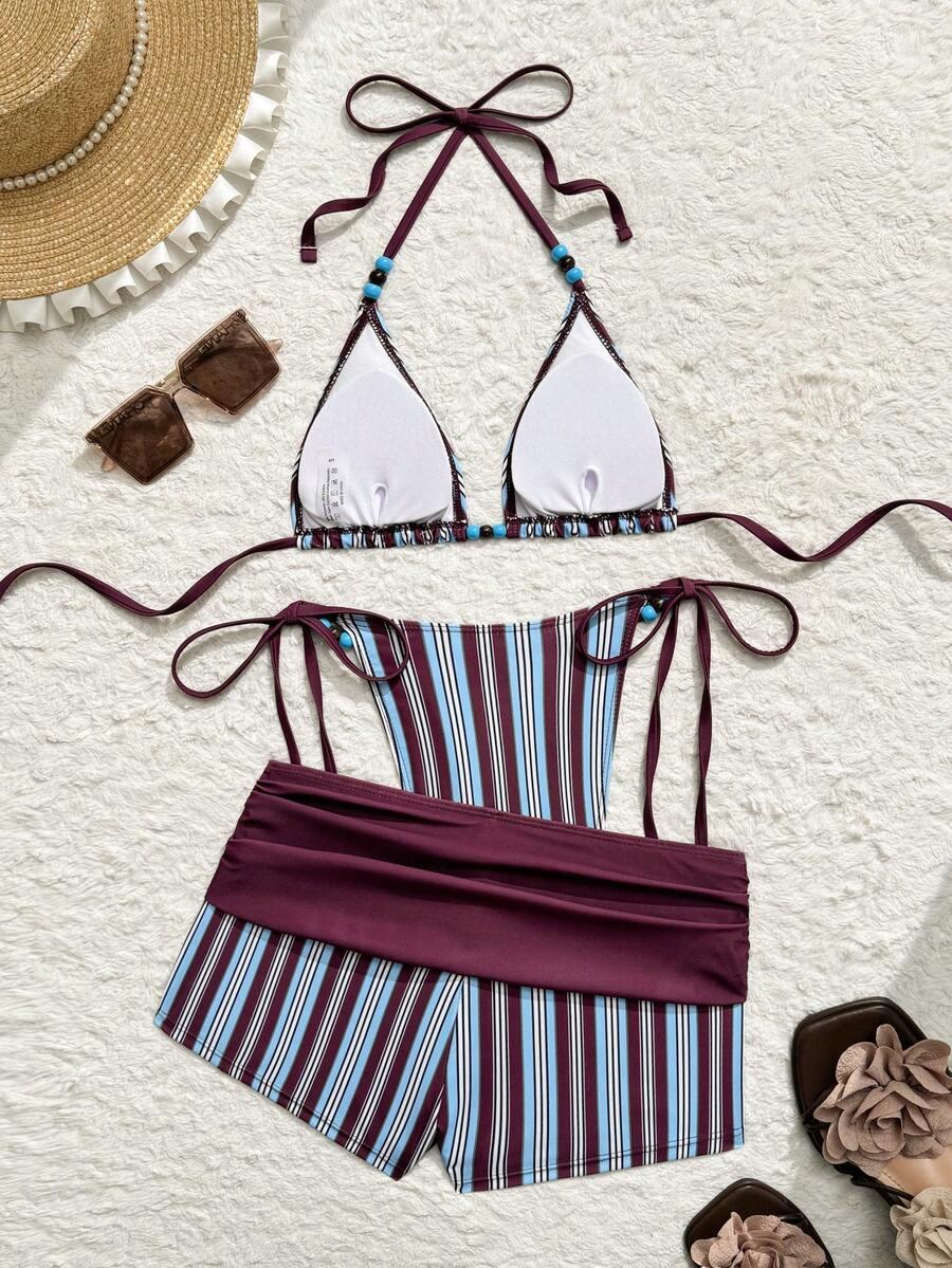 SHEIN WIĄZANY DWUCZĘŚCIOWY STRÓJ KĄPIELOWY WZÓR PASKI S09__XS