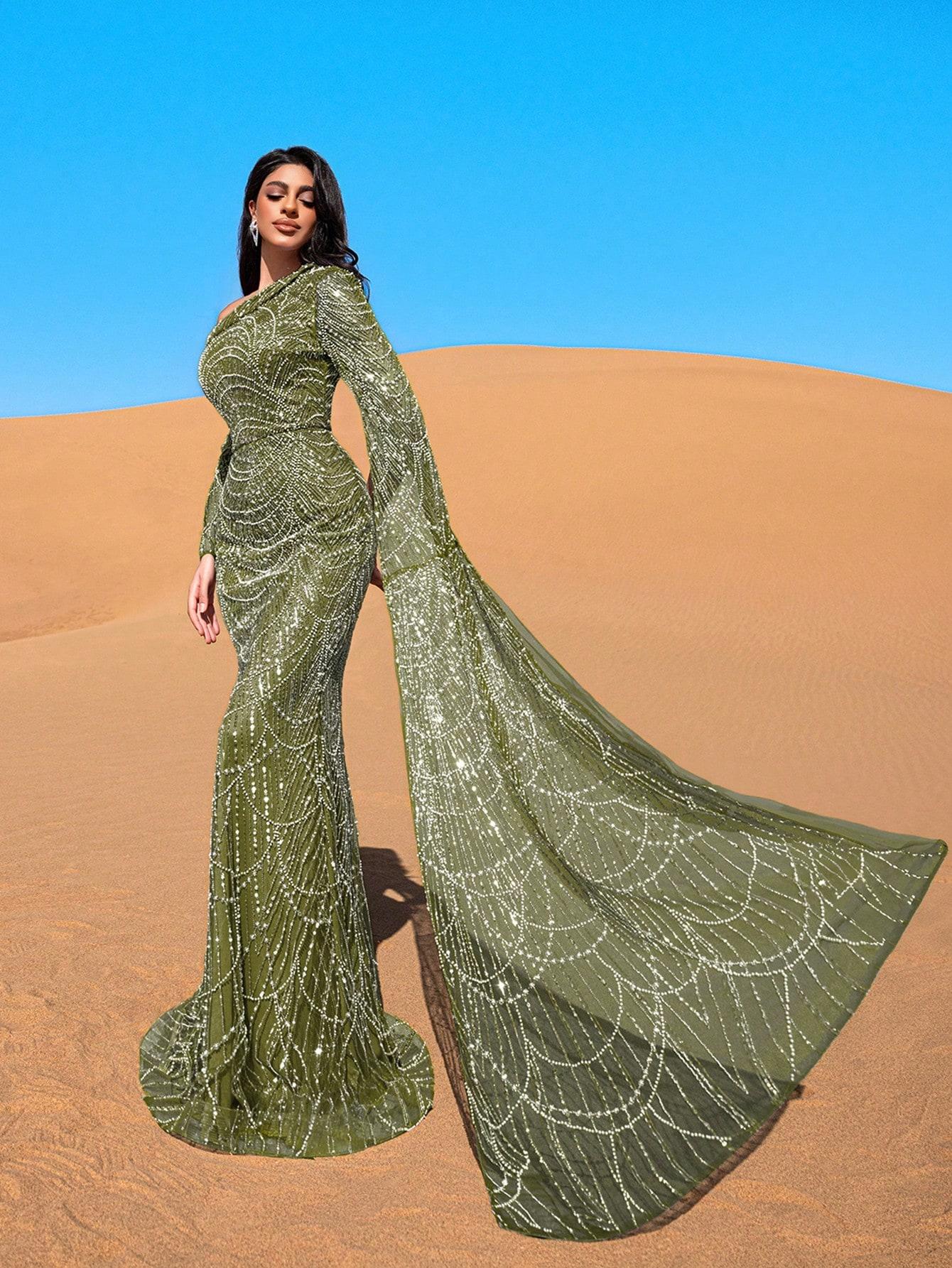 SHEIN ZIELONA MAXI SUKIENKA NA JEDNO RAMIĘ ZDOBIENIE S06__XL