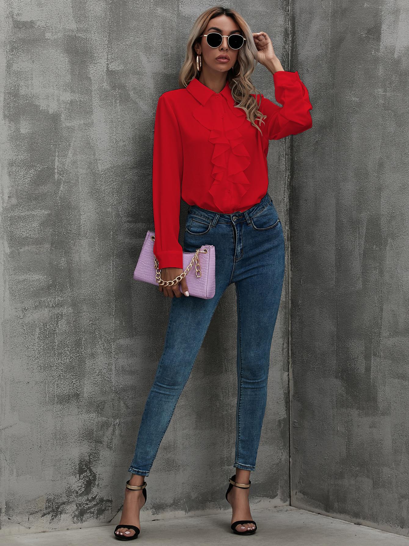 SHEIN CZERWONA KOSZULA FALBANKI PK01__L