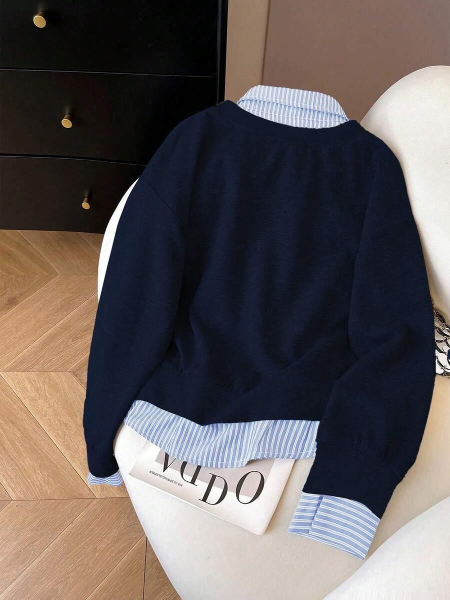 SHEIN GRANATOWA BLUZA ŁĄCZENIE KOŁNIERZYK KONTRAST S06__L