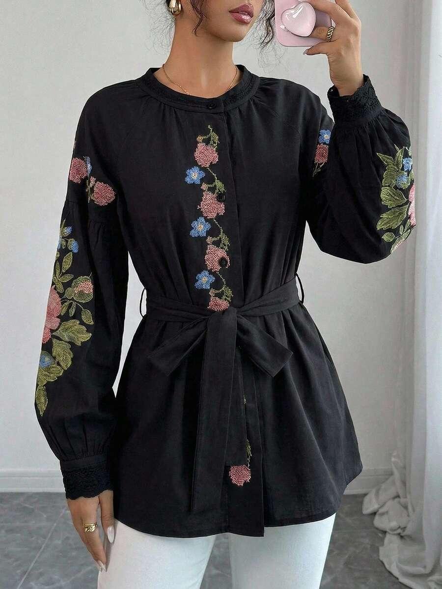 SHEIN CZARNA KOSZULA HAFT PASEK S06__S