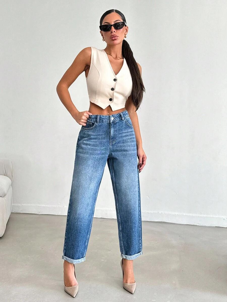 SHEIN NIEBIESKIE SPODNIE JEANS BOYFRIEND WYSOKI STAN S06__M