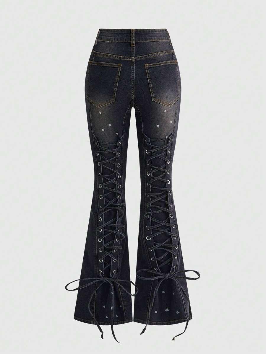 ROMWE SPODNIE JEANS WIĄZANIE S06__L