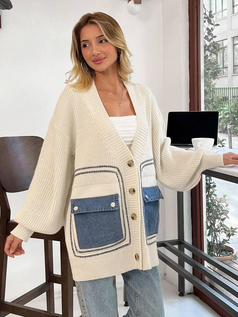 SHEIN KREMOWY SWETER GUZIKI S06__M