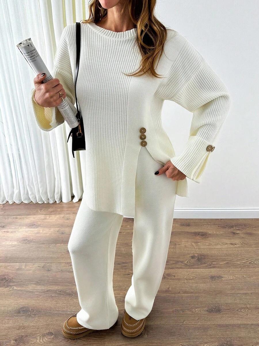 SHEIN KREMOWY SWETER SPODNIE KOMPLET S06__L