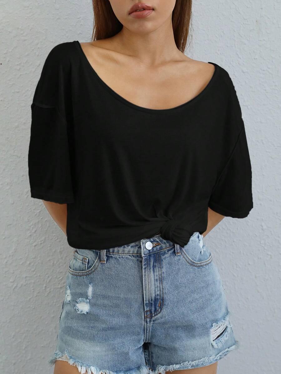 SHEIN CZARNA BLUZKA OKRĄGŁY DEKOLT S06__L