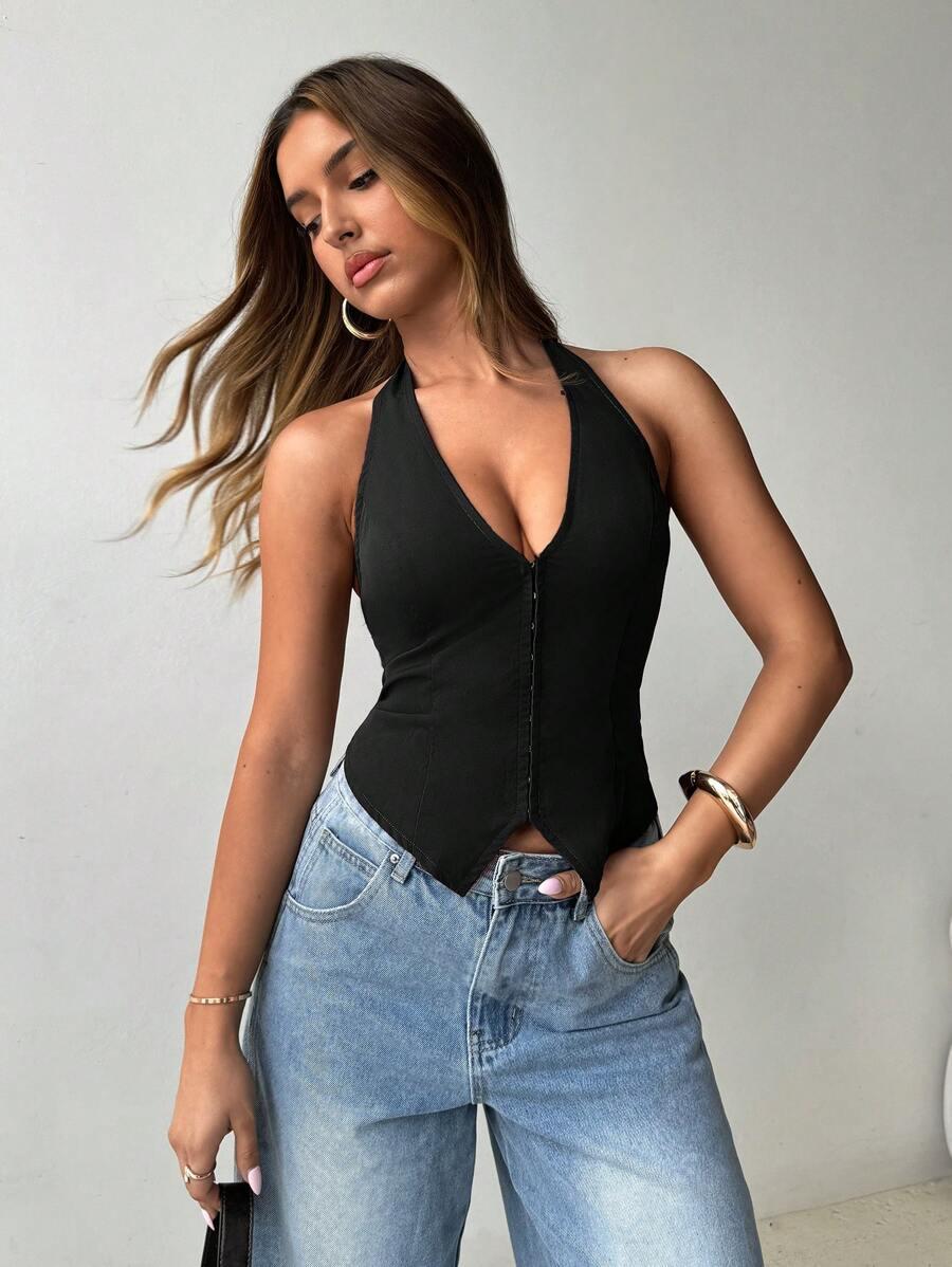 SHEIN CZARNY TOP V-NECK S06__S