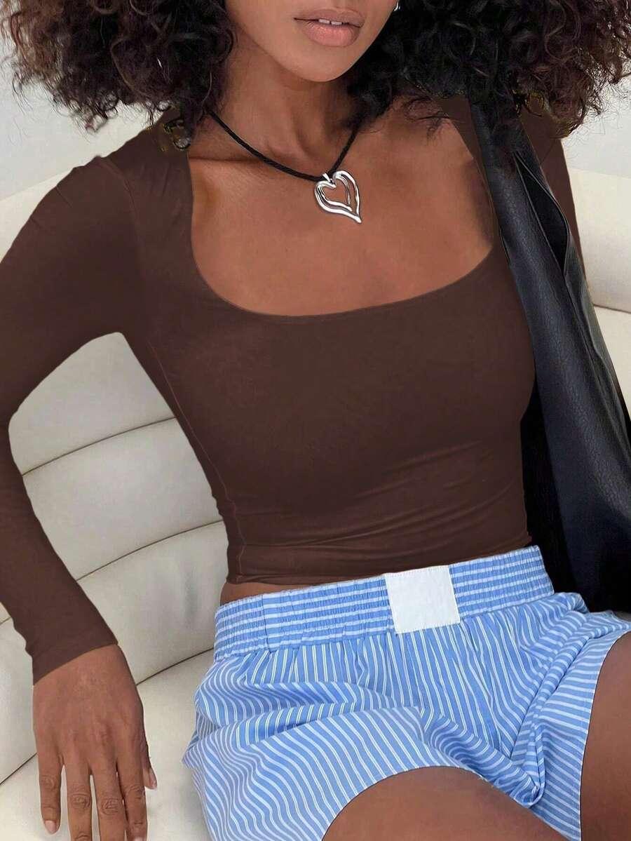 SHEIN BRĄZOWY TOP DŁUGI RĘKAW S06__L