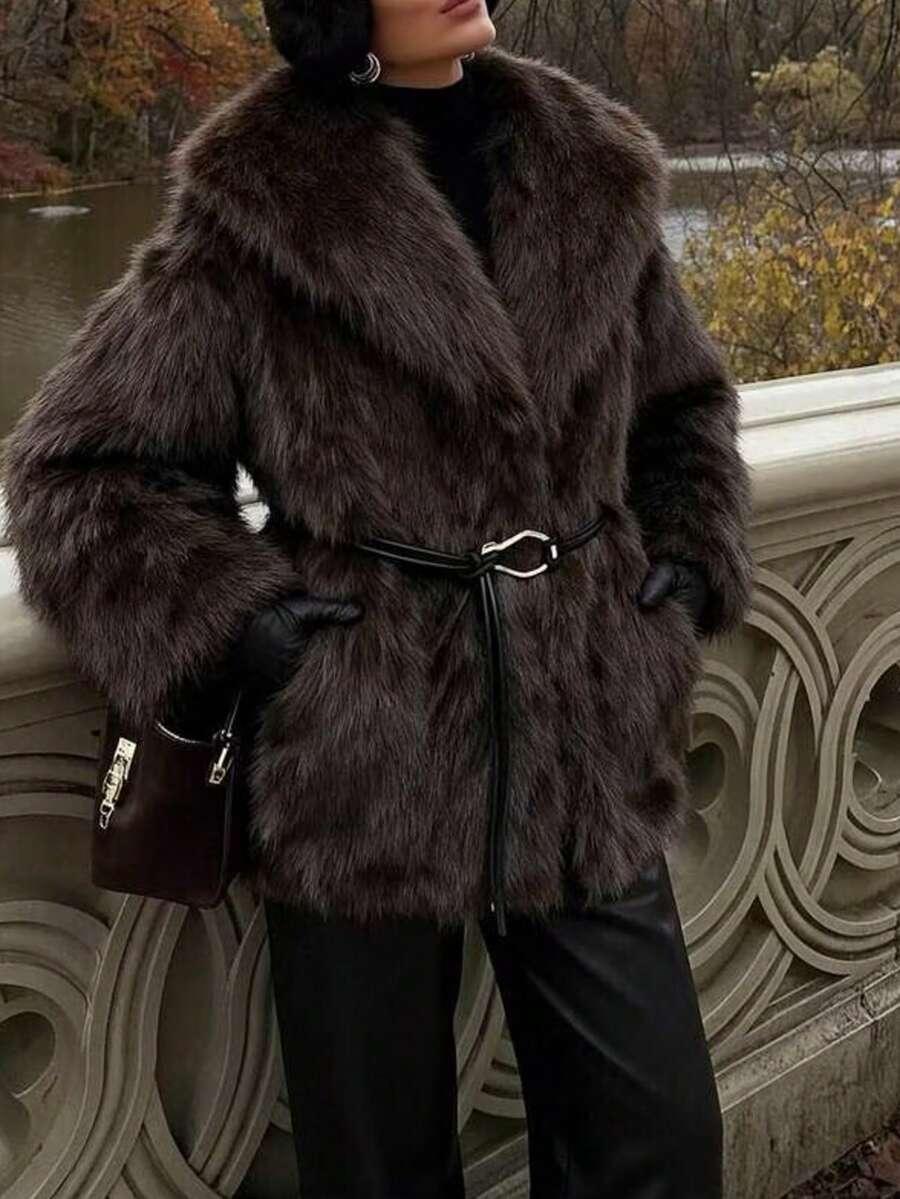 SHEIN BRĄZOWE SZTUCZNE FUTRO W01__M