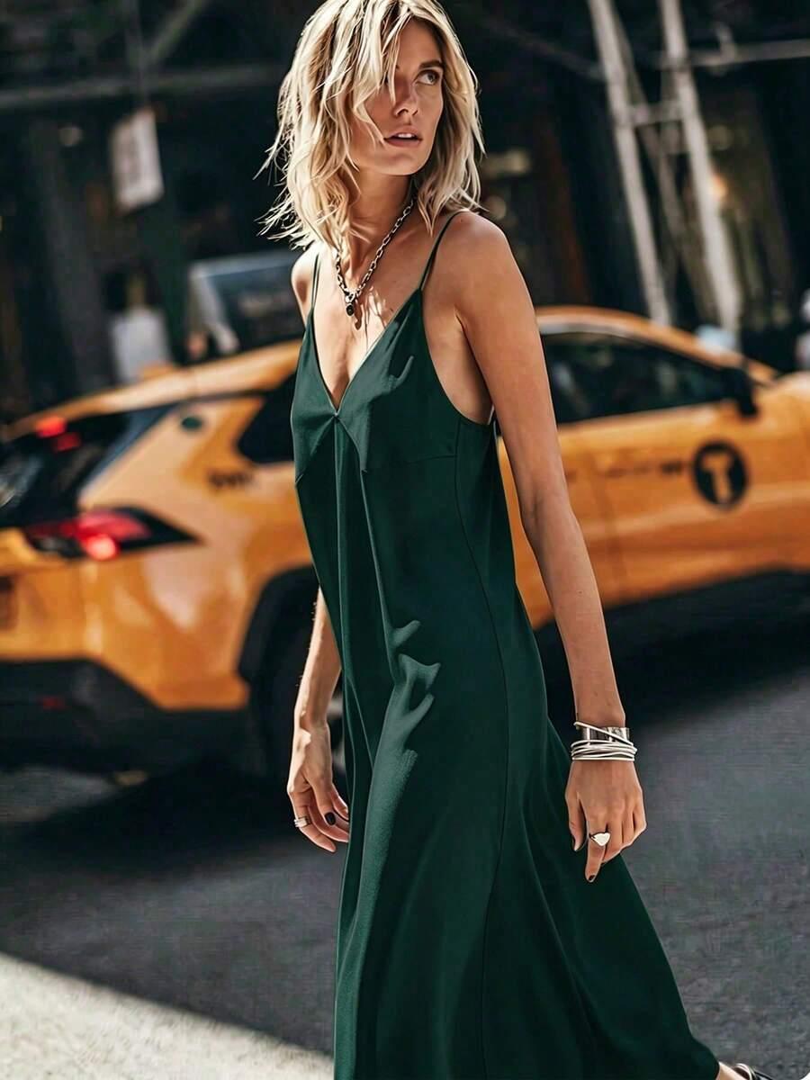 SHEIN ZIELONA MIDI SUKIENKA NA RAMIĄCZKACH V NECK PK01__M