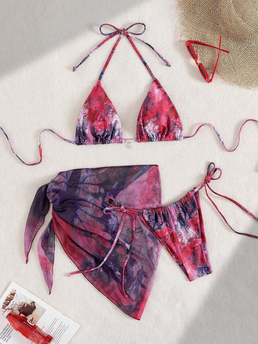 SHEIN TRZYCZĘŚCIOWY KOMPLET BIKINI PAREO WZÓR S09__L