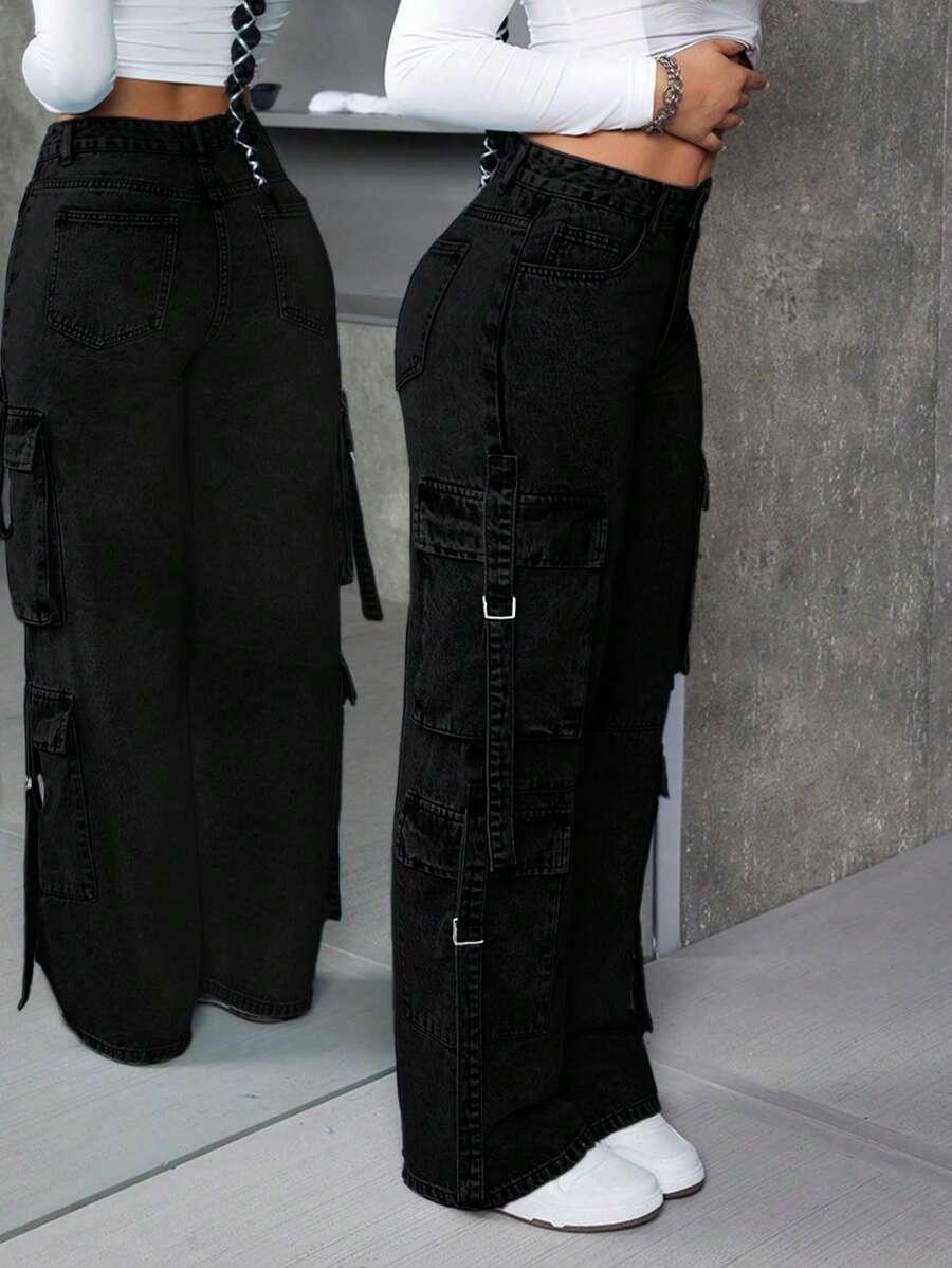 SHEIN CZARNE SPODNIE JEANS KIESZENIE S06__S