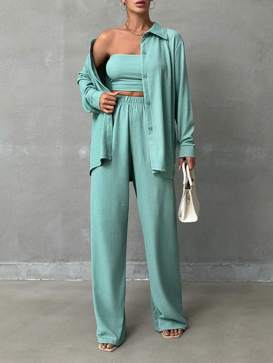 SHEIN ZIELONY KOMPLET TOP SPODNIE KOSZULA S06__S