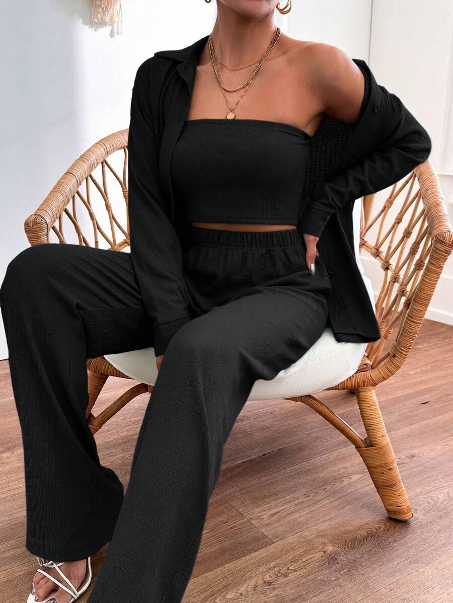 SHEIN CZARNA KOSZULA TOP SPODNIE KOMPLET S06__XL