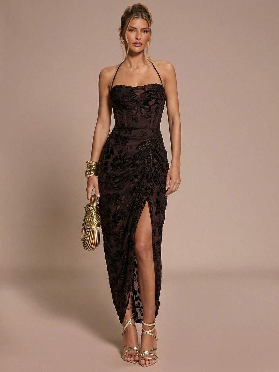 SHEIN BRĄZOWA MAXI SUKIENKA S06__M