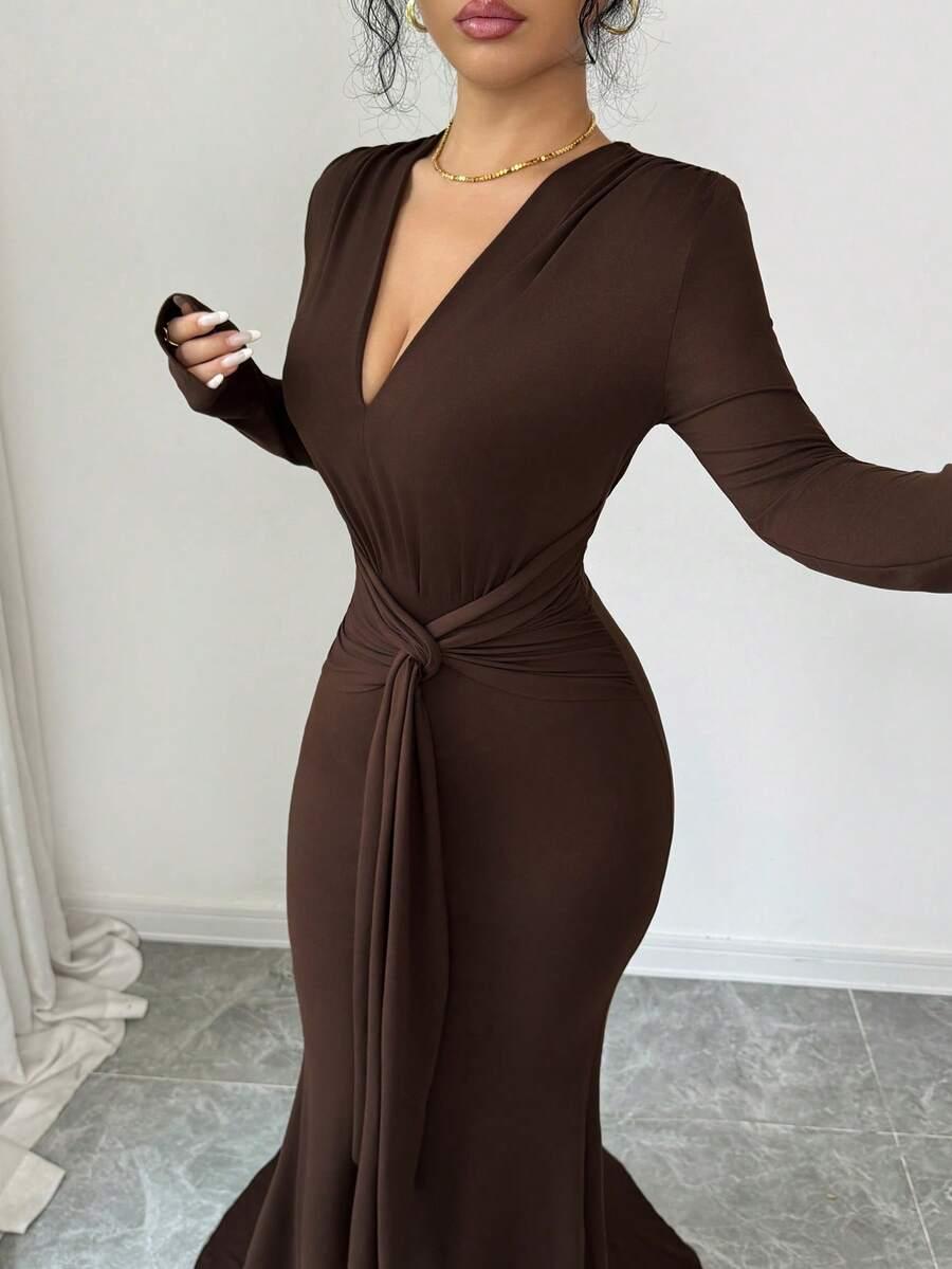 SHEIN BRĄZOWA MAXI SUKIENKA S06__S