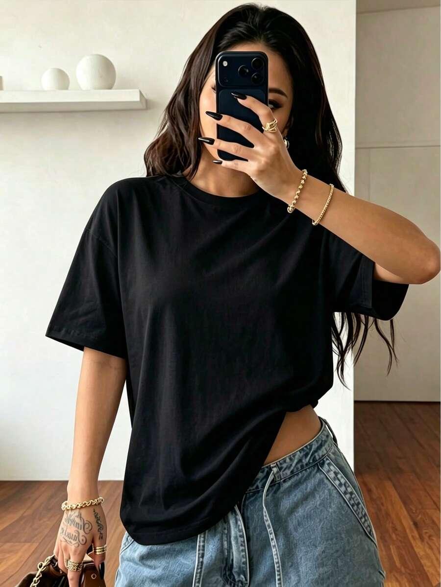 SHEIN CZARNY T-SHIRT OVERSIZE OKRĄGŁY DEKOLT PK01__L