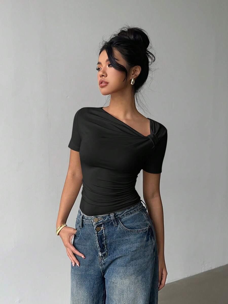 SHEIN CZARNY ASYMETRYCZNY TOP MARSZCZENIE S06__S