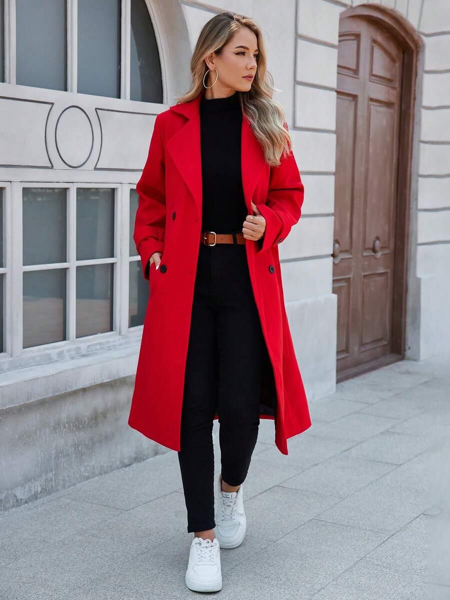 SHEIN CZERWONY KLASYCZNY PŁASZCZ DWURZĘDOWY W01__XL