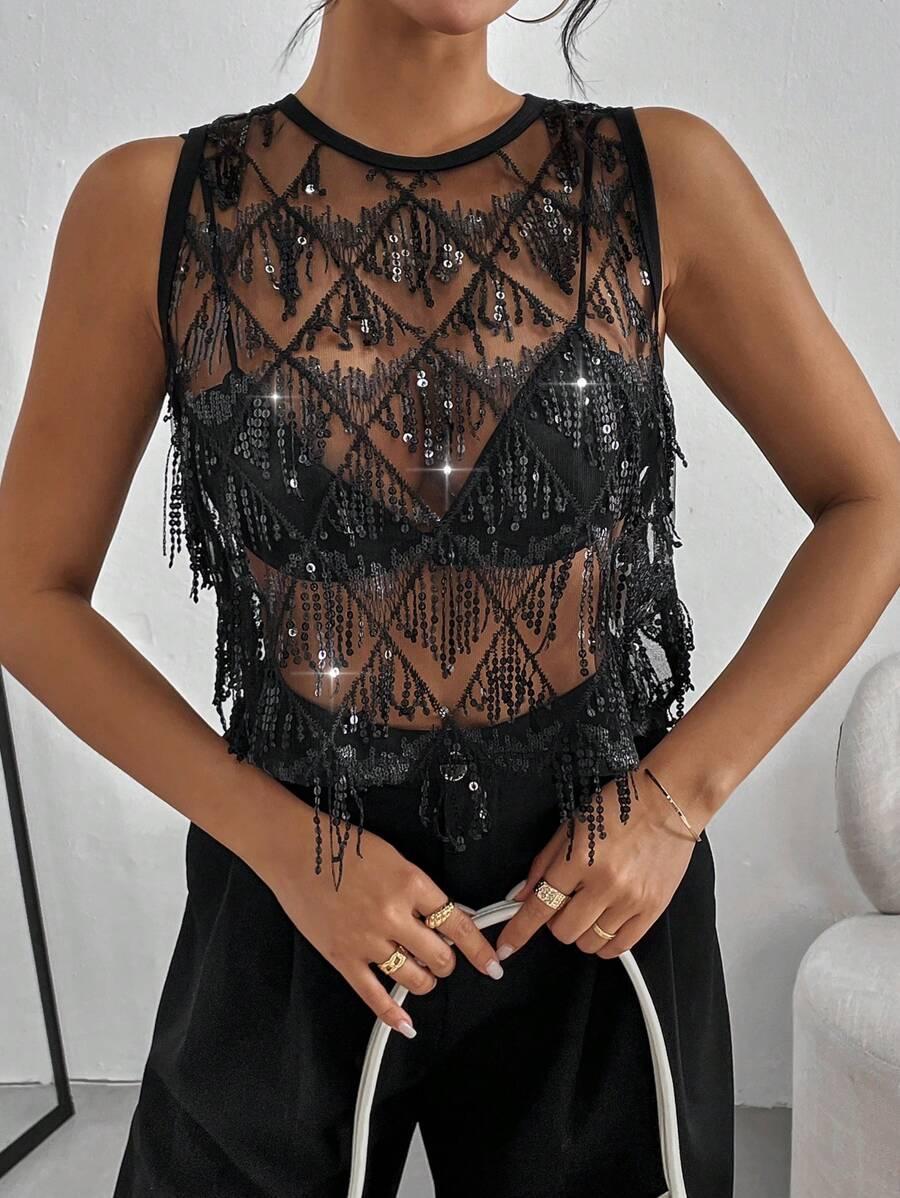 SHEIN CZARNY TOP ZDOBIENIA S06__L