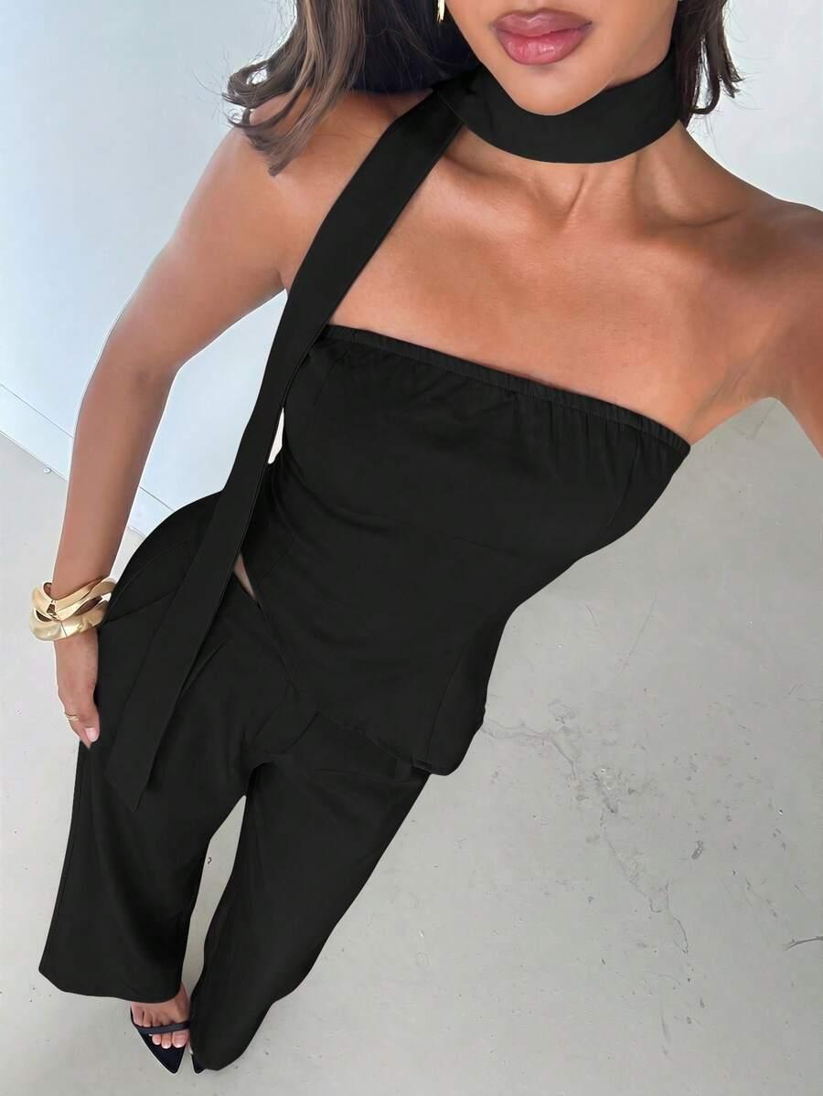SHEIN CZARNY TOP SZAL KOMPLET S06__L