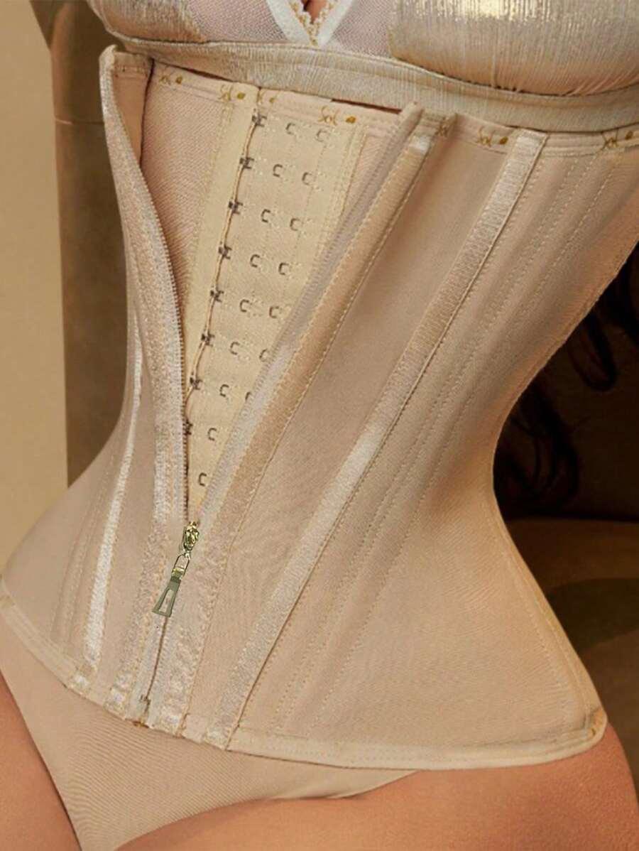 SHEIN BEŻOWY GORSET PAS MODELUJĄCY ZAMEK HAFTKI PK01__S