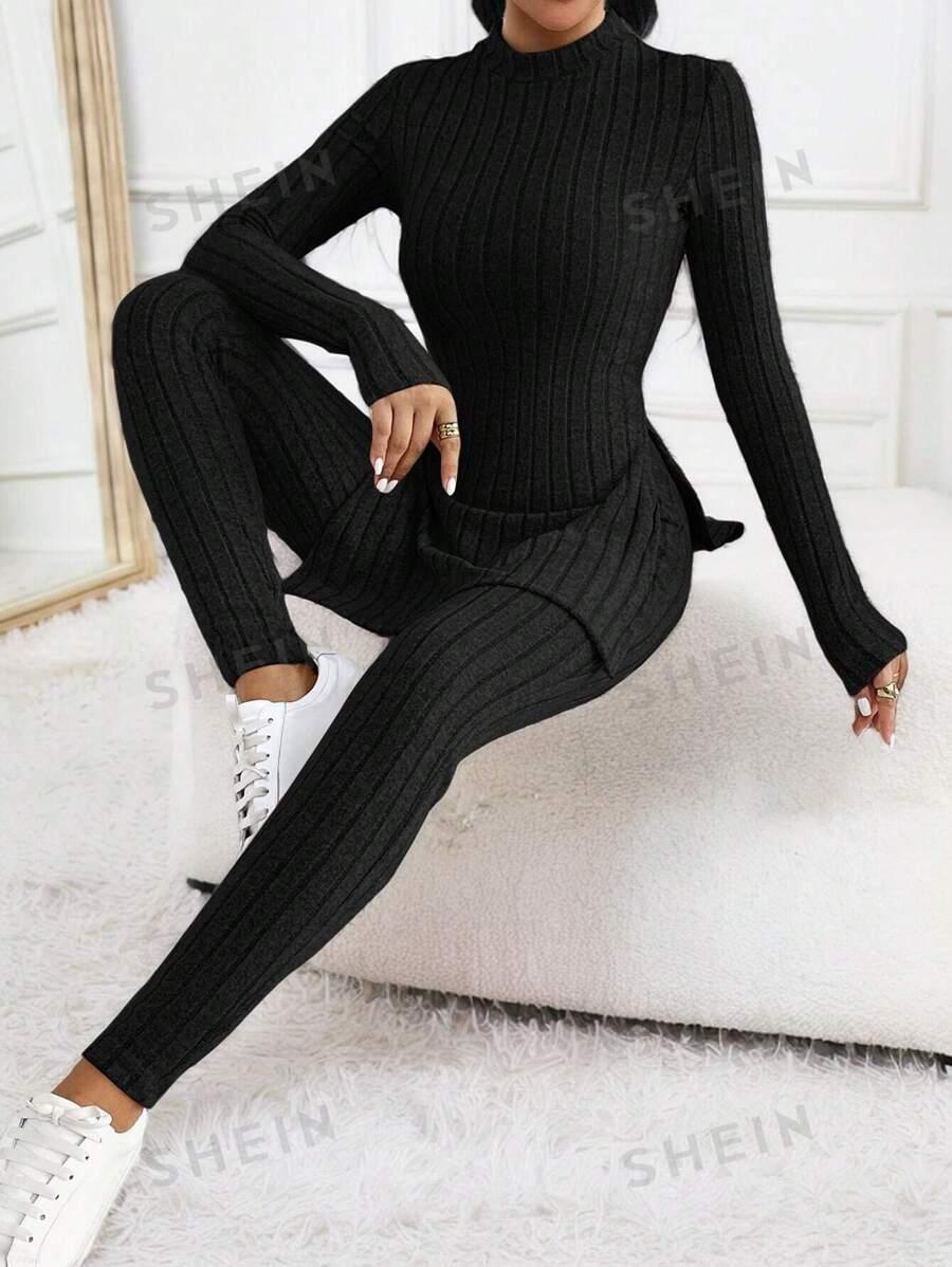 SHEIN CZARNY KOMPLET DZIANINOWY SPODNIE BLUZKA PK01__M