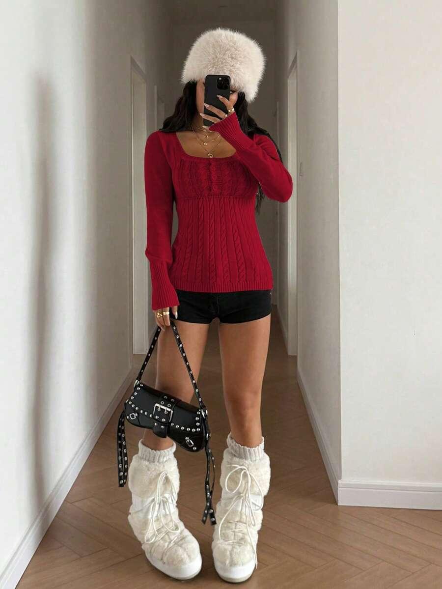 SHEIN CZERWONY SWETER DŁUGI RĘKAW S06__L