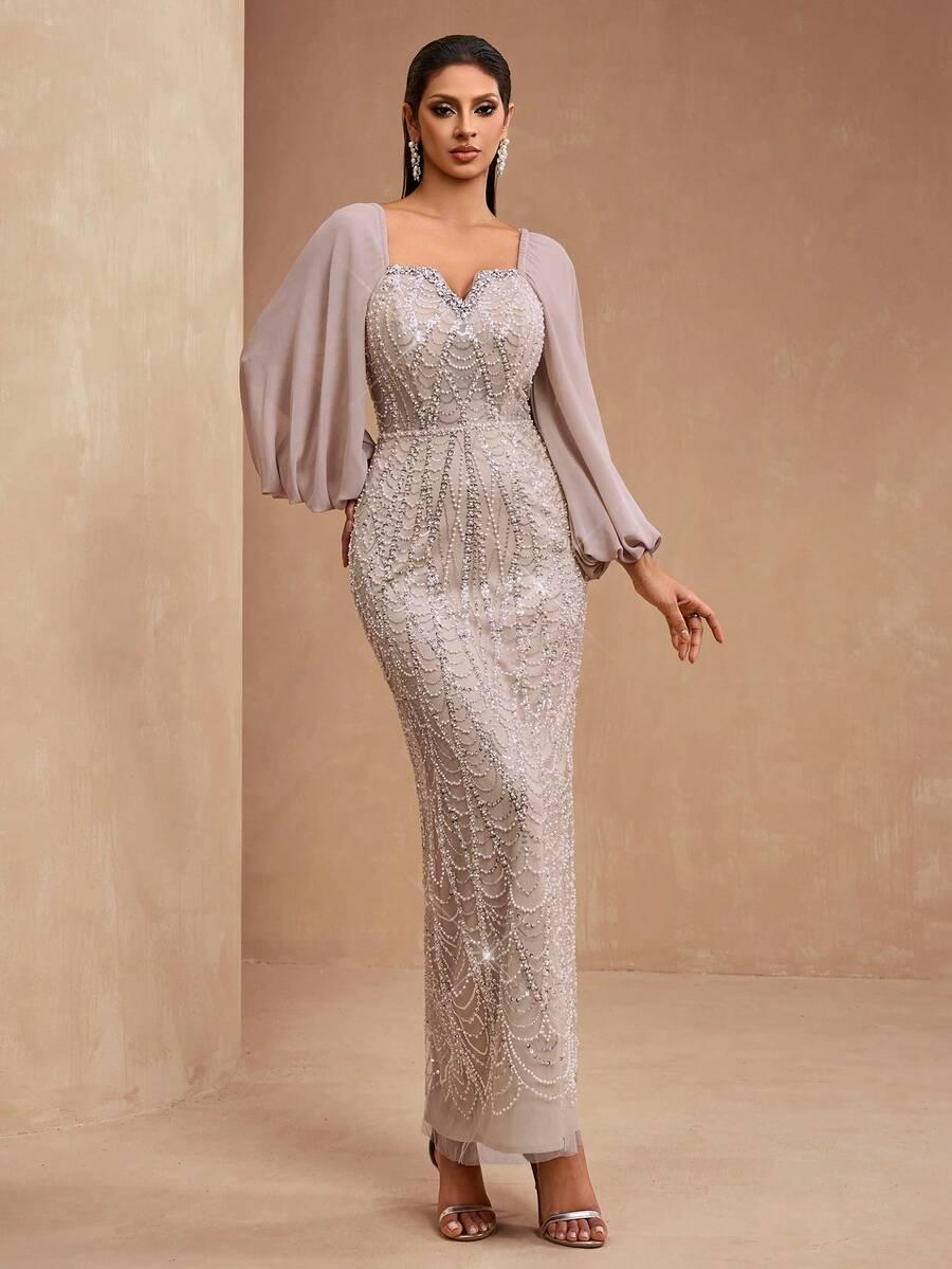 SHEIN BEŻOWA MAXI SUKIENKA ZDOBIENIA S06__M