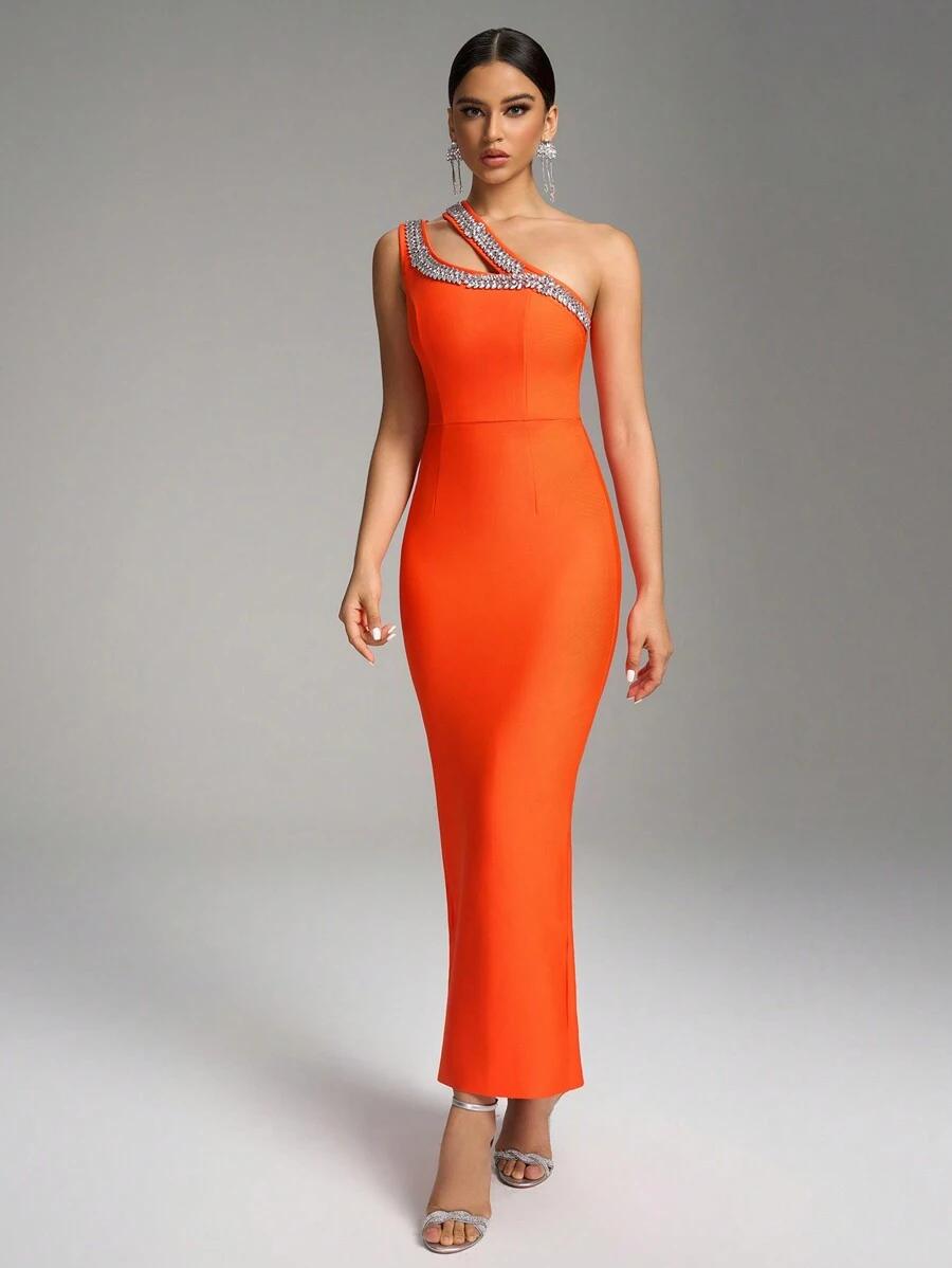SHEIN POMARAŃCZOWA MAXI SUKIENKA ZDOBIENIE S06__XL