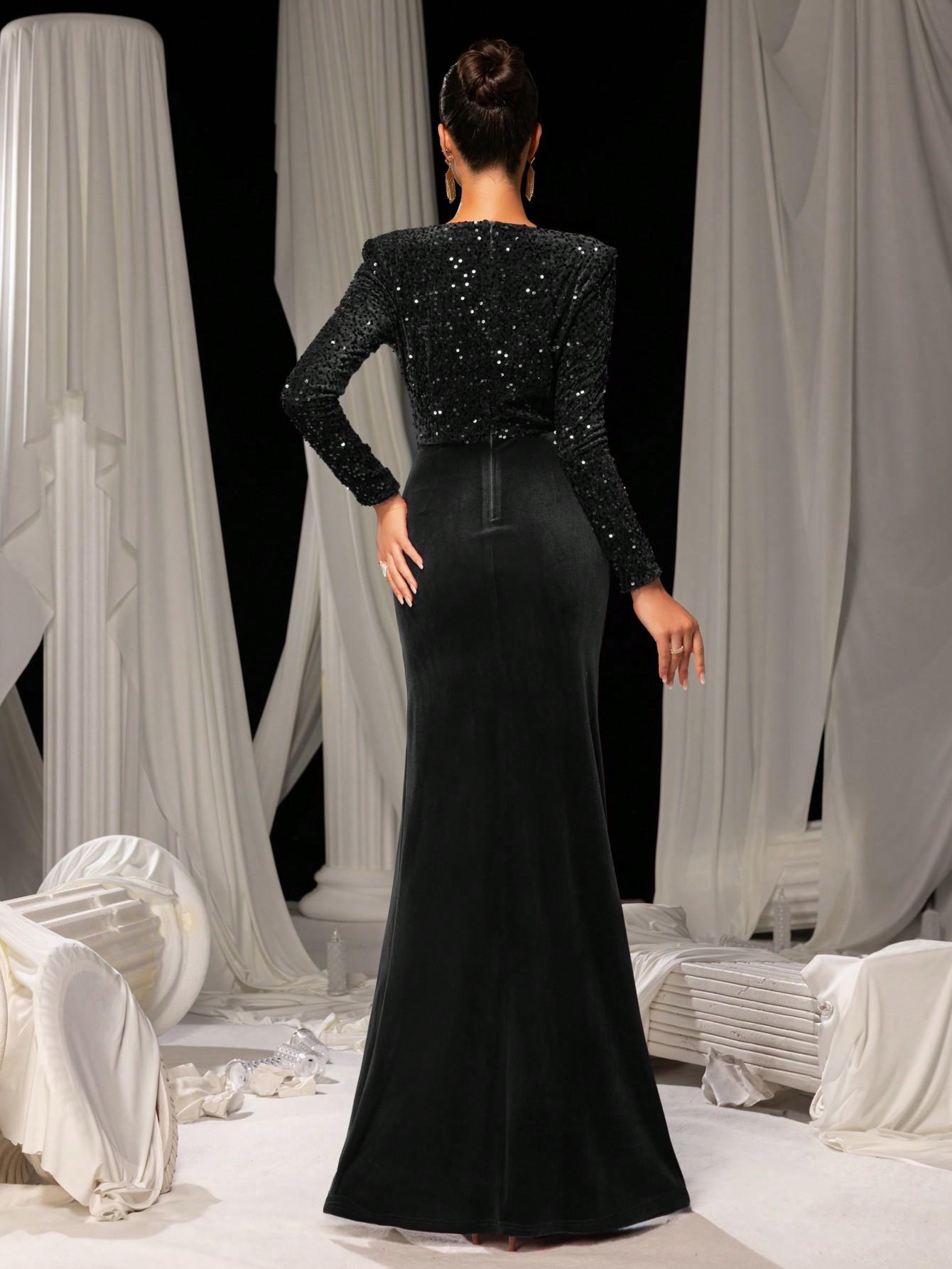 SHEIN CZARNA MAXI SUKIENKA CEKINY S06__S