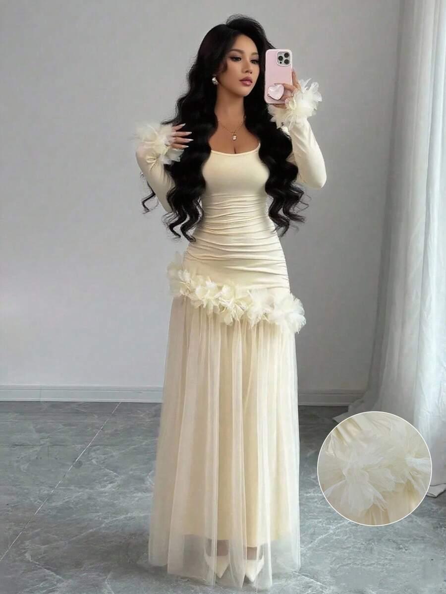 SHEIN BEŻOWA SUKIENKA MAXI DŁUGI RĘKAW S06__L
