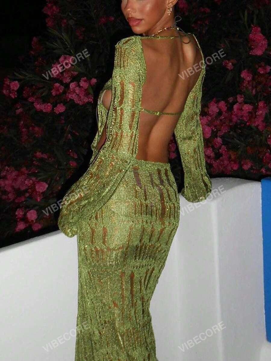 SHEIN ZIELONA MAXI SUKIENKA ODKRYTE PLECY S06__S