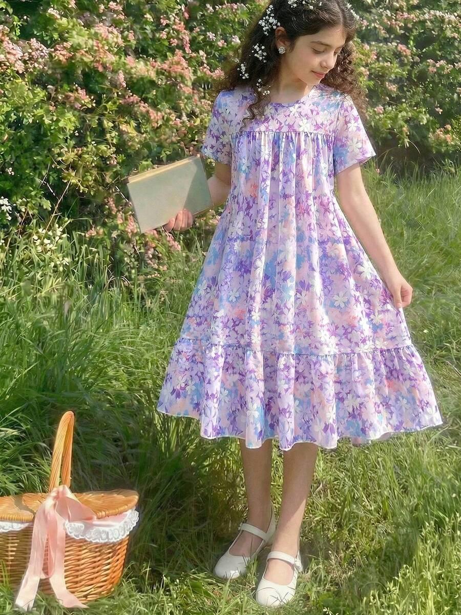 SHEIN SUKIENKA Z KRÓTKIM RĘKAWEM WZÓR KWIATY S06__140-146