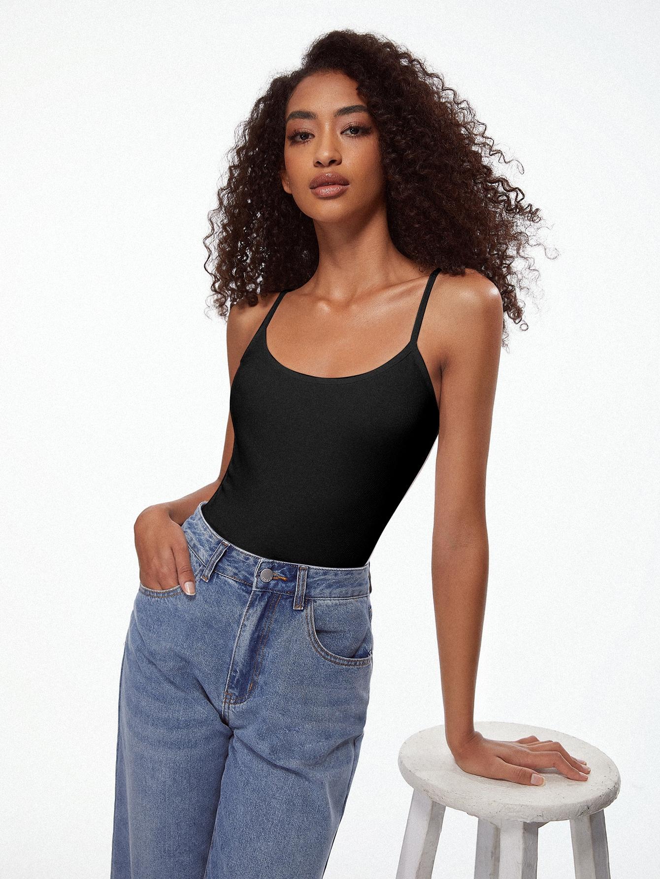 SHEIN CZARNY GŁADKI TOP RAMIĄCZKA CASUAL S06__L