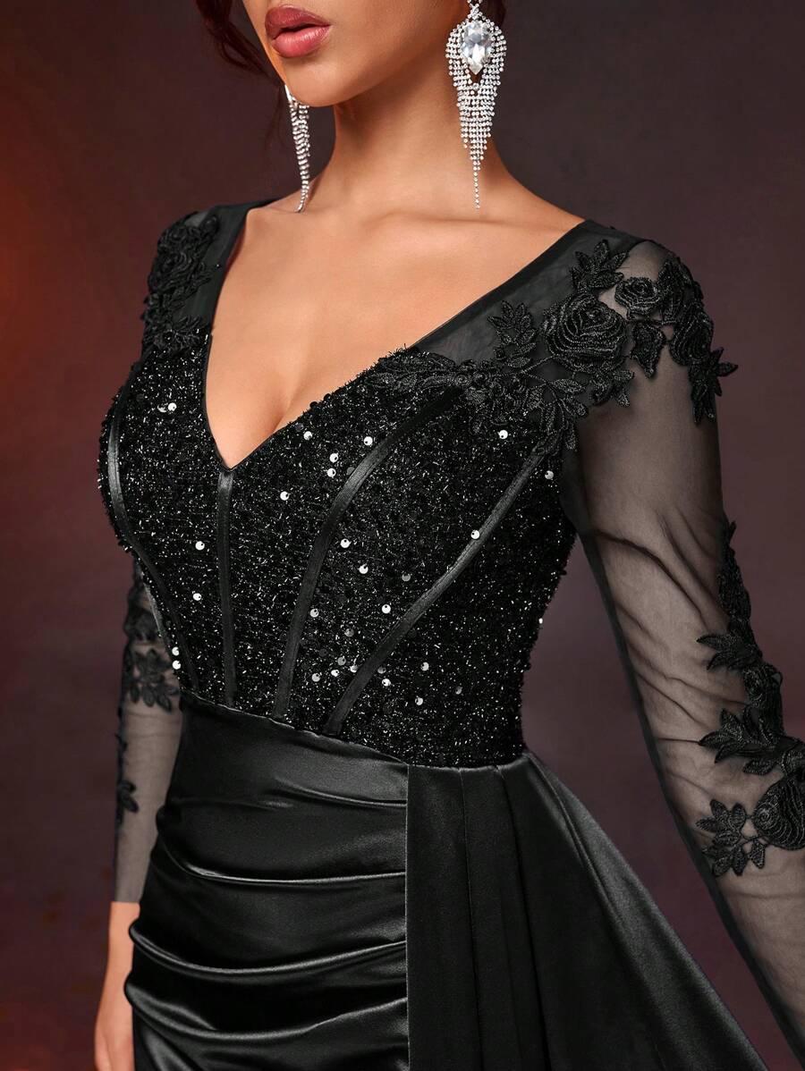 SHEIN CZARNA MAXI SUKIENKA Z DŁUGIM RĘKAWEM S06__L