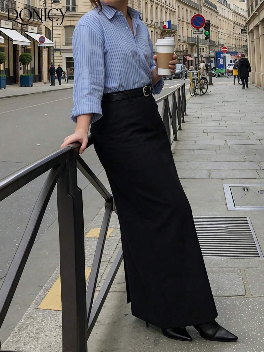 SHEIN CZARNA MAXI SPÓDNICA ROZPOREK PK01__46