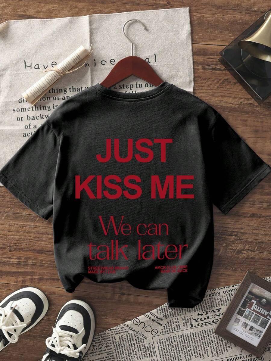 SHEIN CZARNY T-SHIRT NADRUK JUST KISS ME S06__L