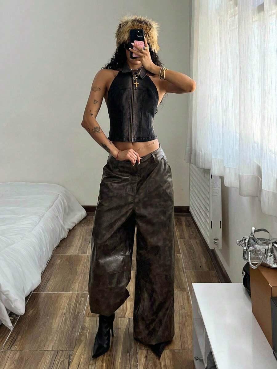 SHEIN BRĄZOWE SPODNIE IMITACJA SKÓRY S06__S