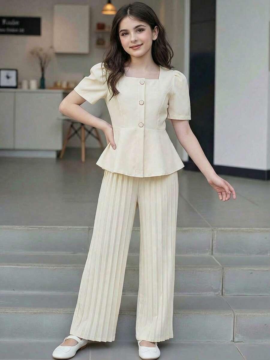 SHEIN KREMOWY KOMPLET PLISOWANE SPODNIE BLUZKA S06__146-152