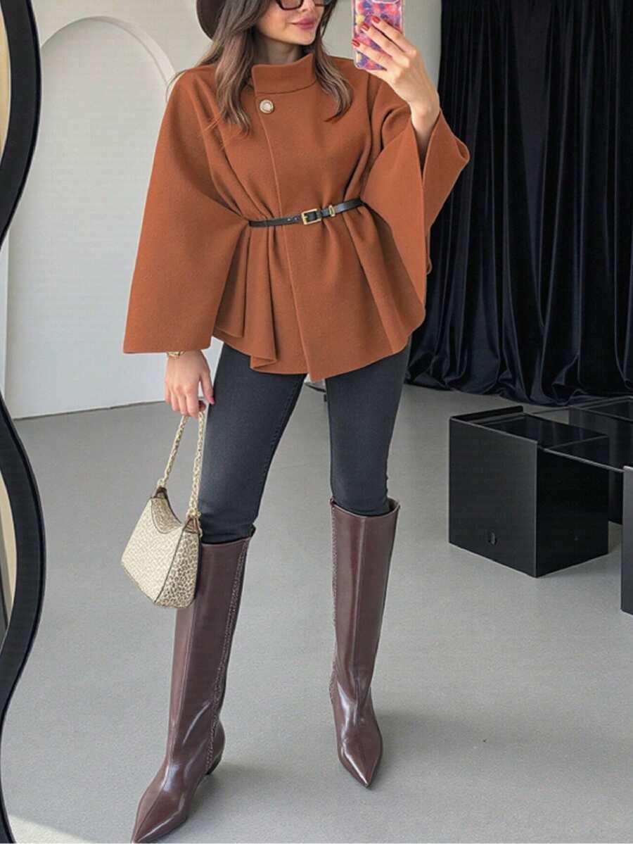 SHEIN BRĄZOWY PŁASZCZ GUZIK W01__M