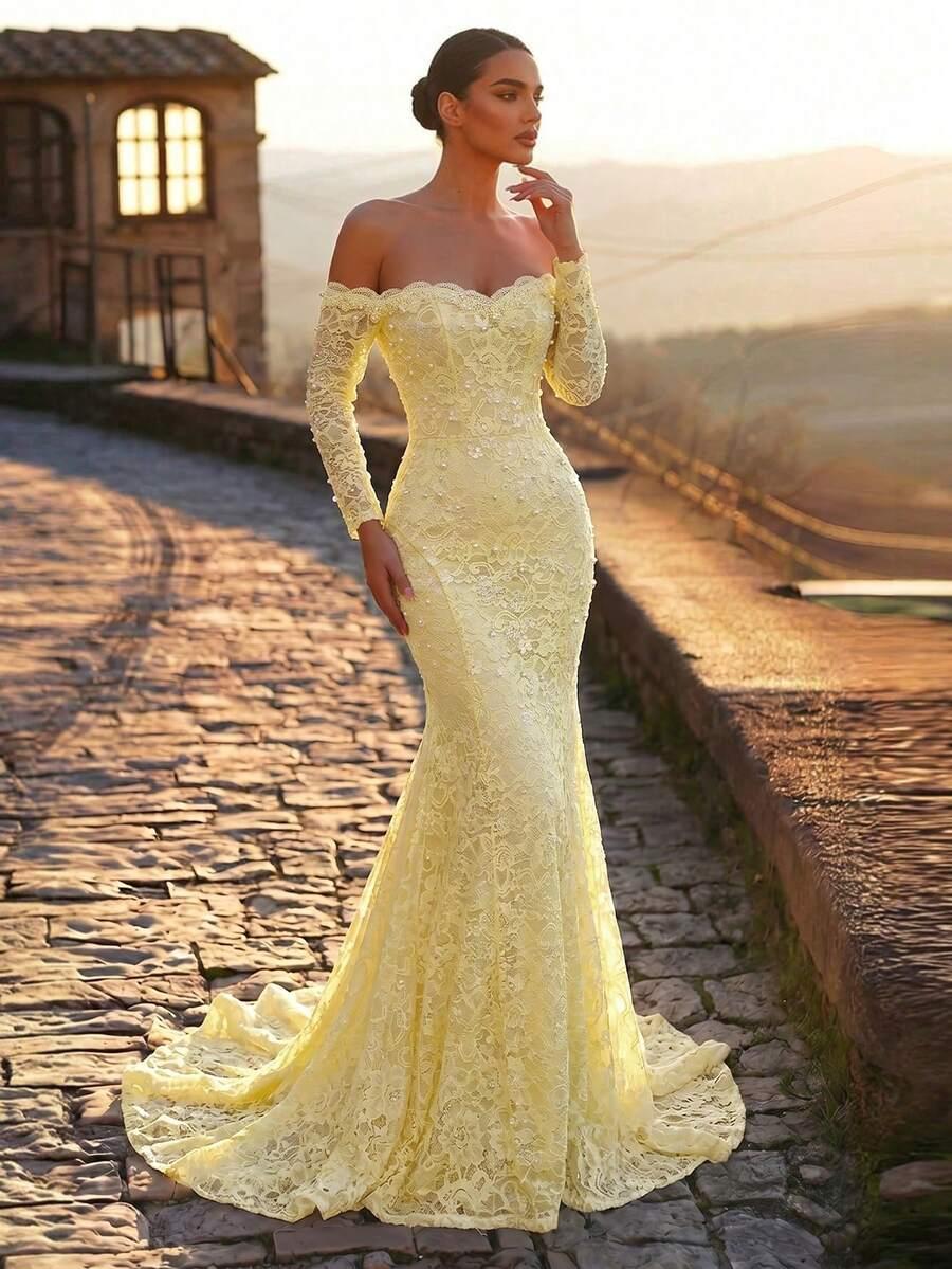 GLAMRAE ŻÓŁTA MAXI SUKIENKA KORONKA PEREŁKI S06__M