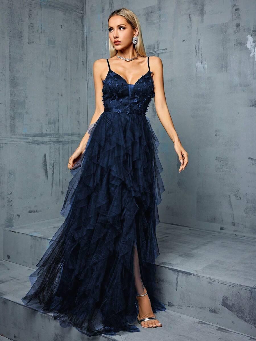 SHEIN GRANATOWA MAXI SUKIENKA ZDOBIENIE S06__M