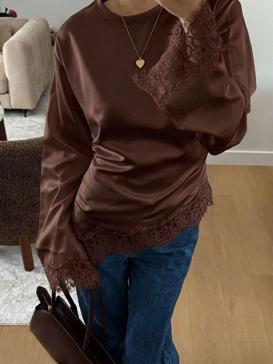 SHEIN BRĄZOWA SATYNOWA BLUZKA WIĄZANIE S06__S