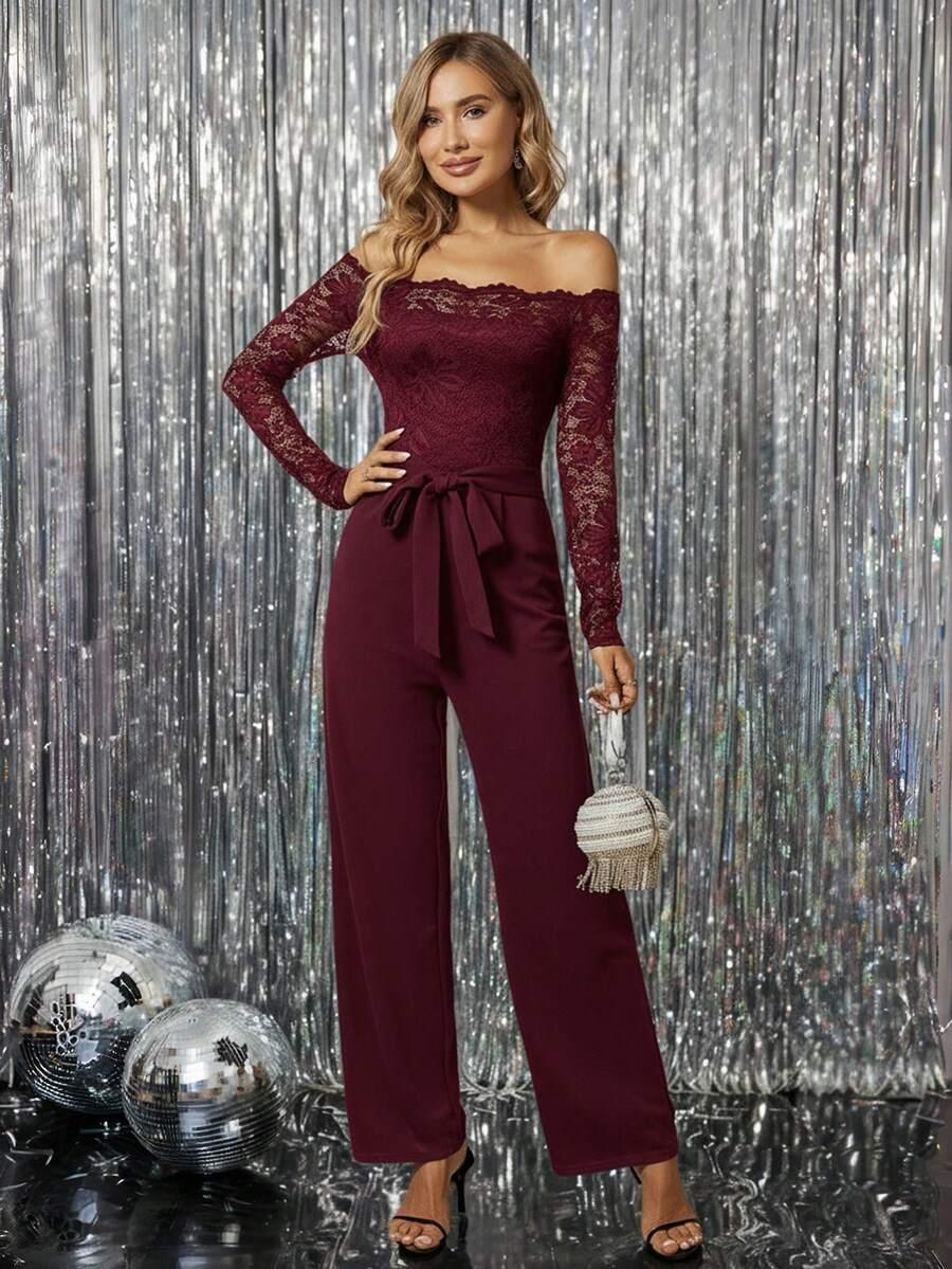SHEIN BORDOWY ELEGANCKI KOMBINEZON KORONKA S06__S