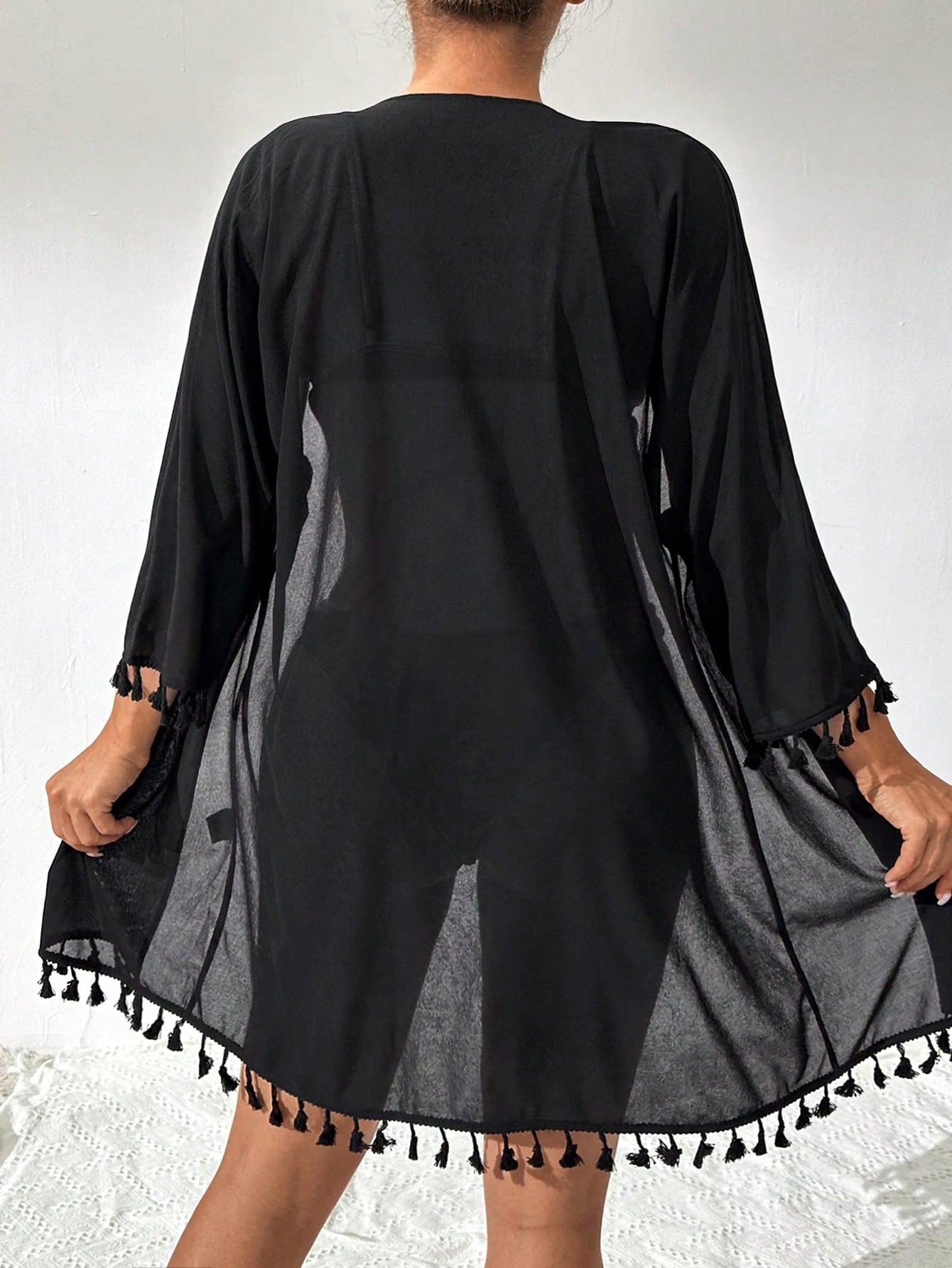 SHEIN CZARNE KIMONO FRĘDZLE S06__XS