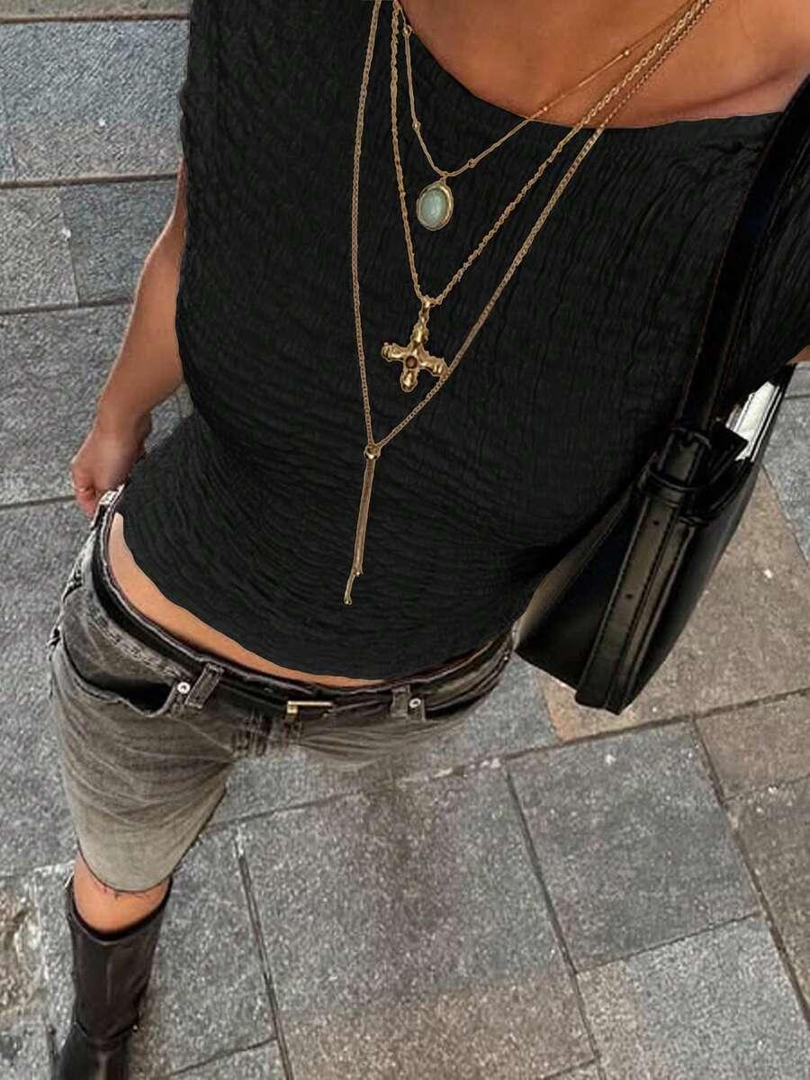 SHEIN CZARNY TOP MARSZCZENIA S06__M