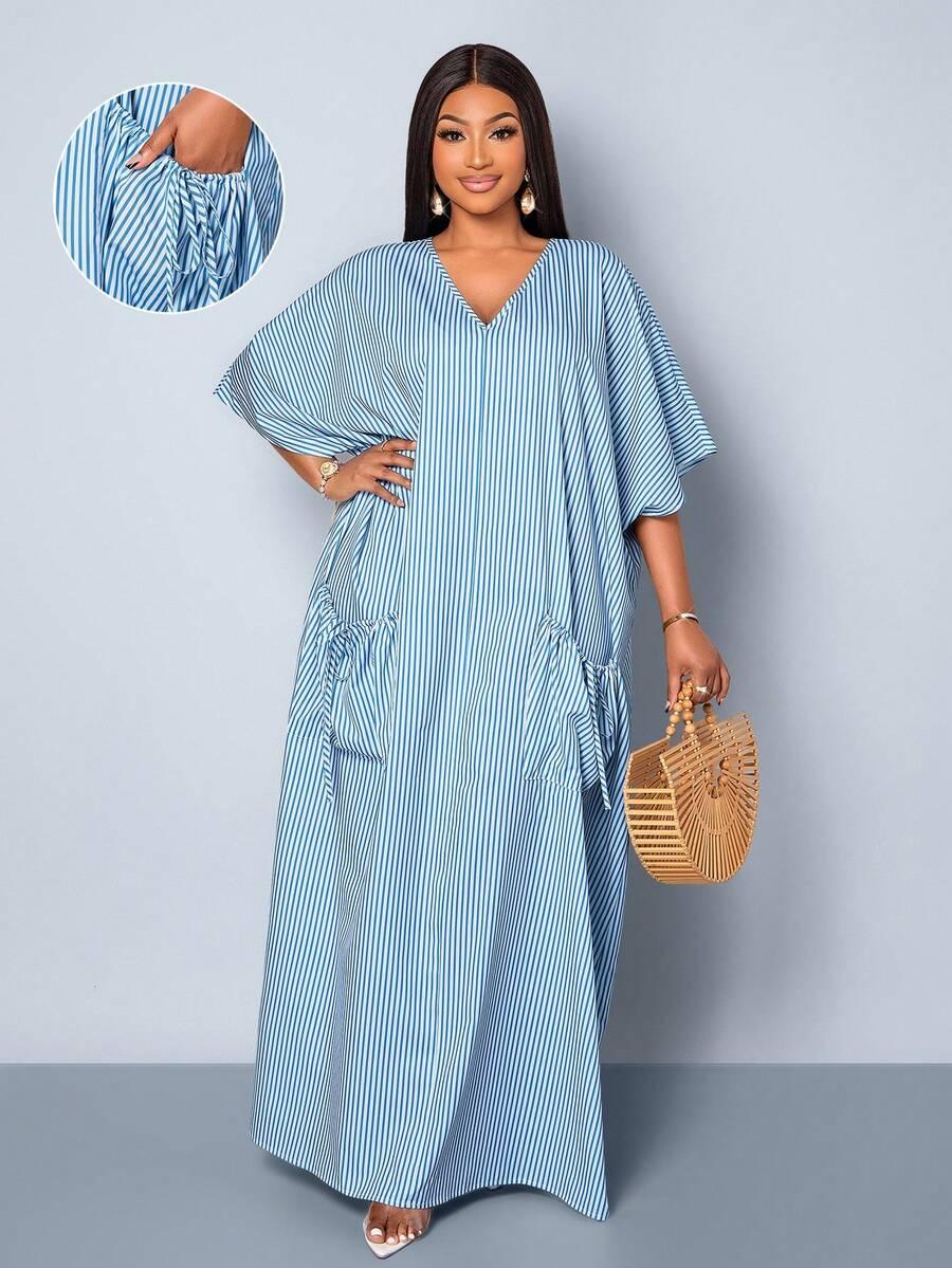 SHEIN MAXI SUKIENKA WZÓR PASKI V-NECK S06__46