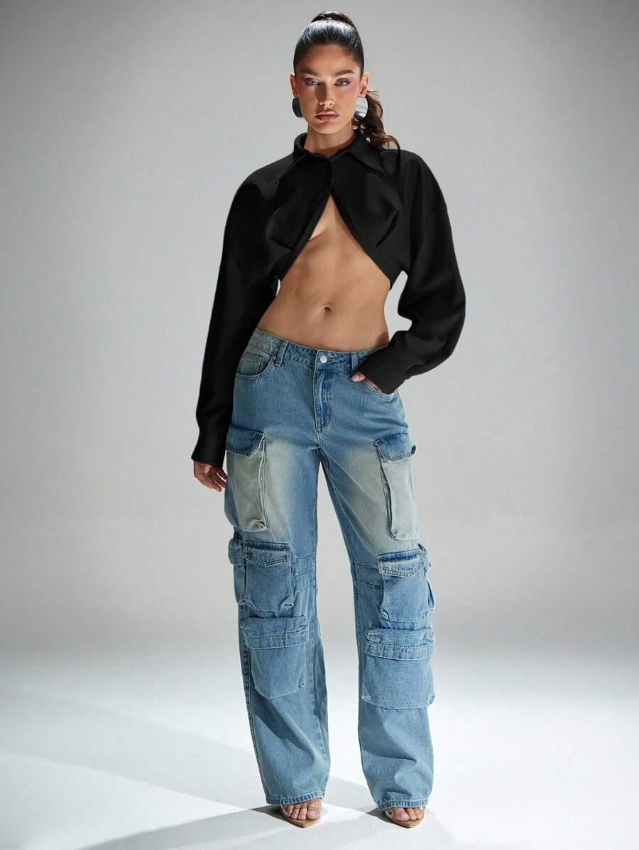 SHEIN CZARNY TOP Z DŁUGIM RĘKAWEM S06__S